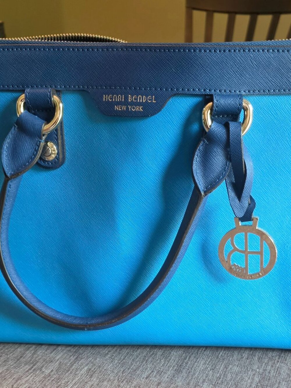 henri bendel Teal Blue and Black Leather-Trim Satchel